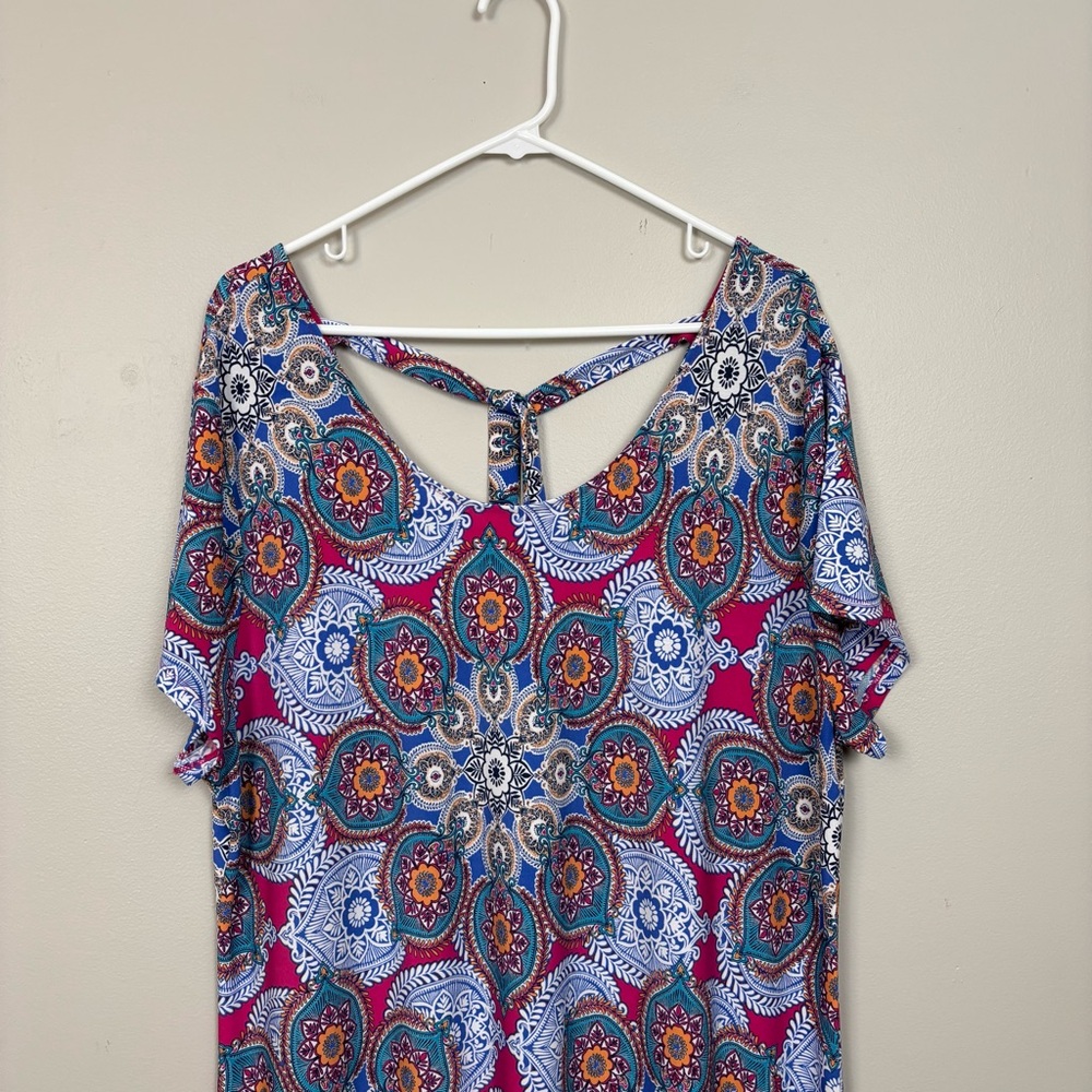 Chico's Medallion Cluster Print Midi Dress Sz 16/18 Multicolor Tie Back Stretch - Picture 3 of 11